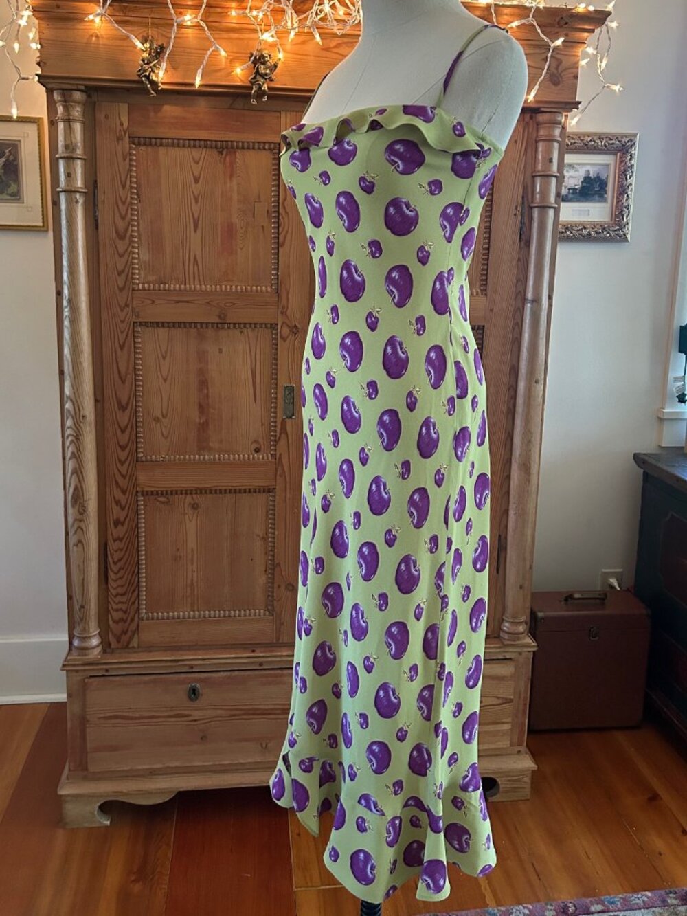 Rare Vintage Betsey Johnson Rayon Gold Purple Apples Dress NWOT - Picture 7 of 12